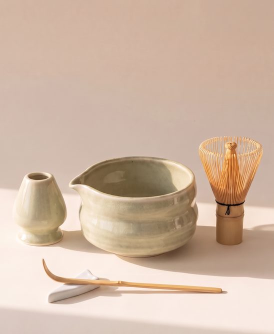 Traditional matcha set: bowl, bamboo whisk, sieve and spoon